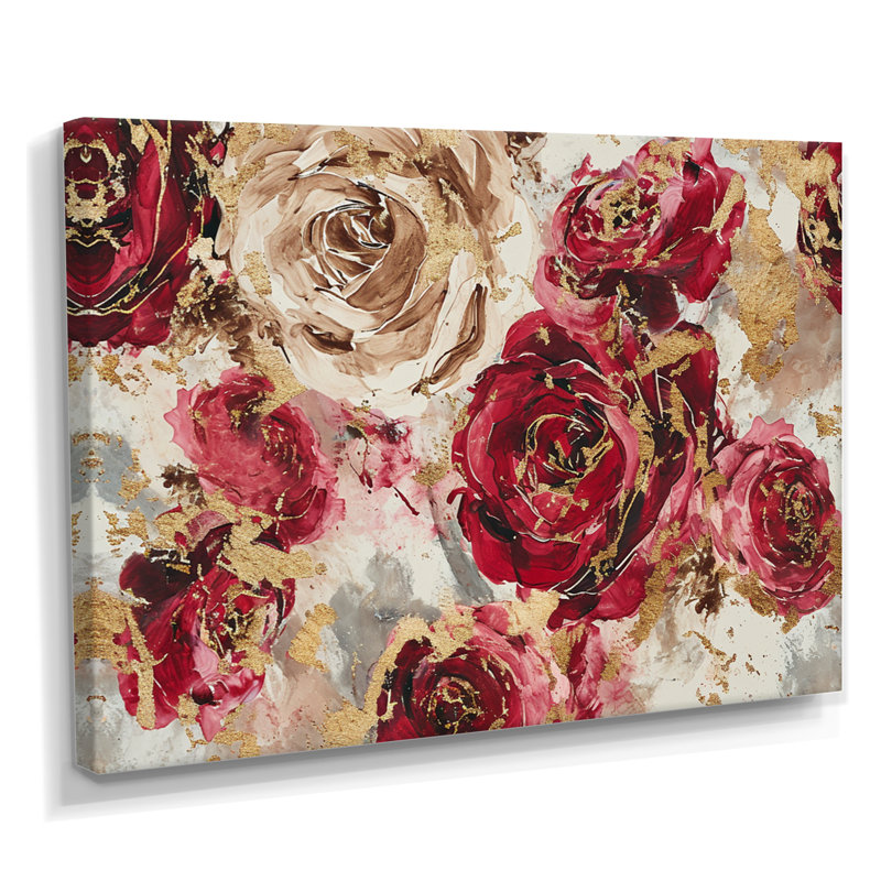 Rouge, rouge, rose, grunge, or, roses, art mural, salon, Toile tendue, H 16 po x l 32 po x P 1 po