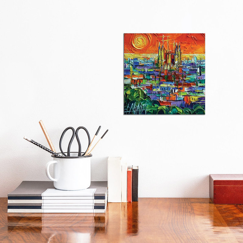 Barcelona View Stylized Cityscape by Mona Edulesco - Painting on Canvas, Wrapped Canvas, 30.48cm H x 30.48cm W x 1.91cm D
