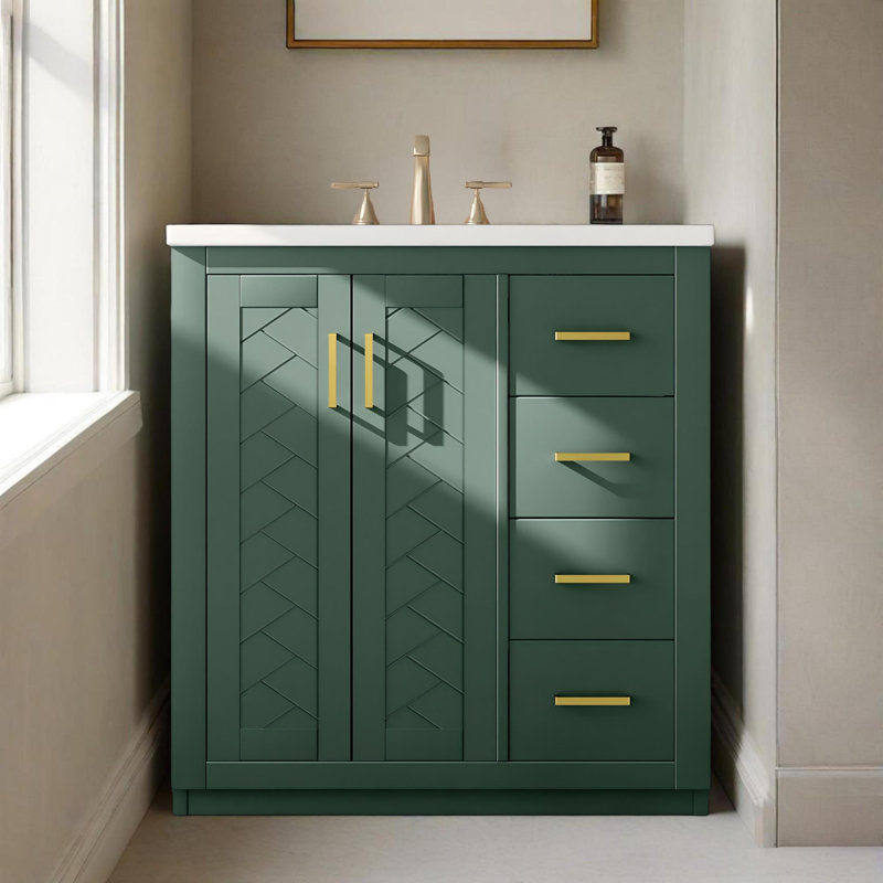Ensemble de meuble-lavabo autoportant 30 po avec lavabo en céramique, 3 tiroirs et portes à fermeture douce, Vert