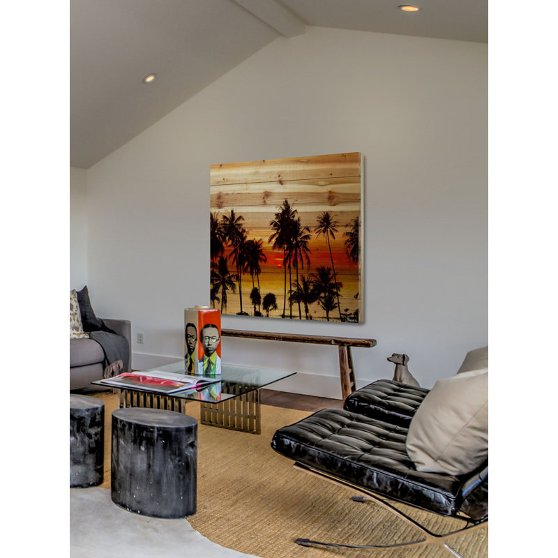 « crépuscule palms » par parvez taj,, reproduction d’art sur bois de pin naturel, H 32 po x l 32 po x P 1,5 po