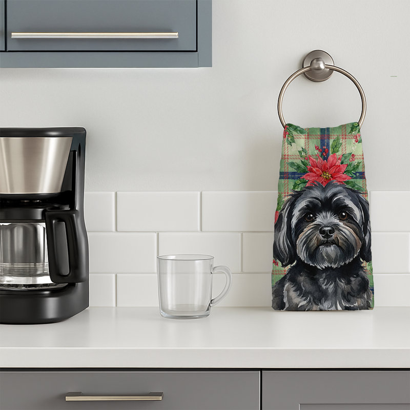 Black Lhasa Apso Christmas PoinsettIas Kitchen Towel, Black Lhasa Apso