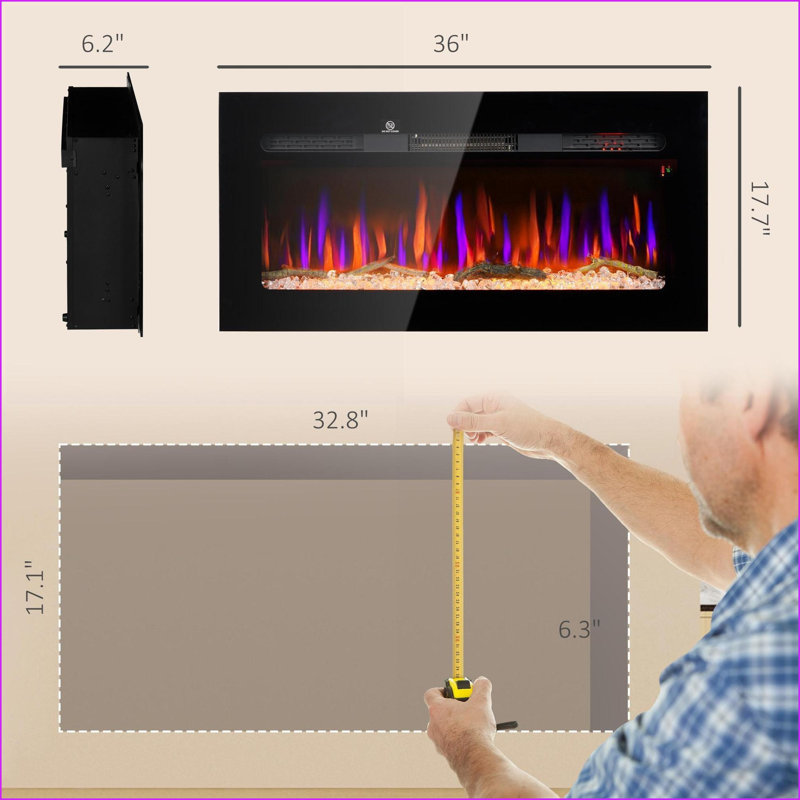 Foyer électrique encastré / mural 36 po avec télécommande, flamme réglable, chauffe-eau 1500 W | Noir | Acier