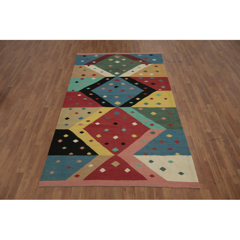 Tapis multicolore à motif géométrique en laine 5 x 9
