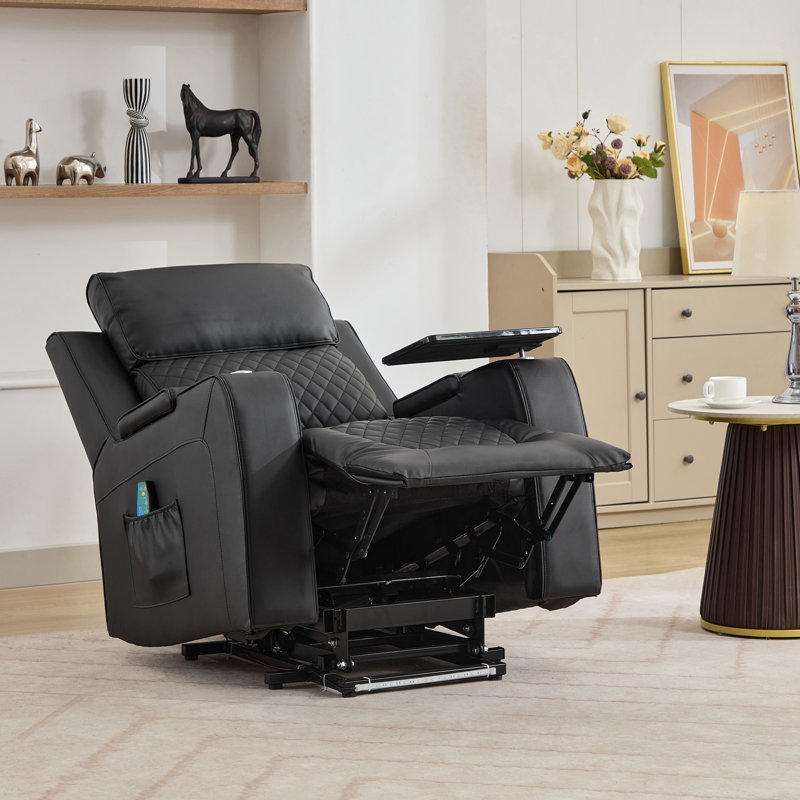 Byron 86 cm Wide Faux Leather Lift Assist Recliner with Massager and Heated Cushion, Black