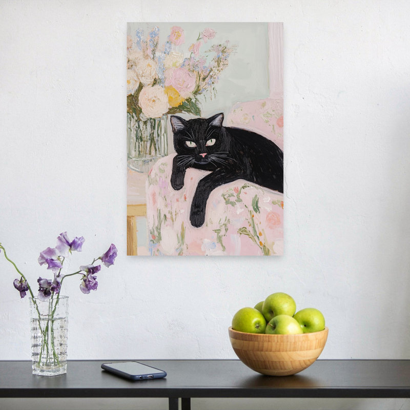 Black Cat Floral Charm Elegant Contemporary Cat Flower Portrait Wall Art Print 1 Piece Wrapped Canvas Wall Art