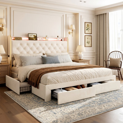 49.2" Tall California King Bed Frames With 4 Drawers, Velvet Upholstered Cal King Platform Bed With Wingback Storage Headboard, Led Lights & Charging Station, No Box Spring Needed, Beige