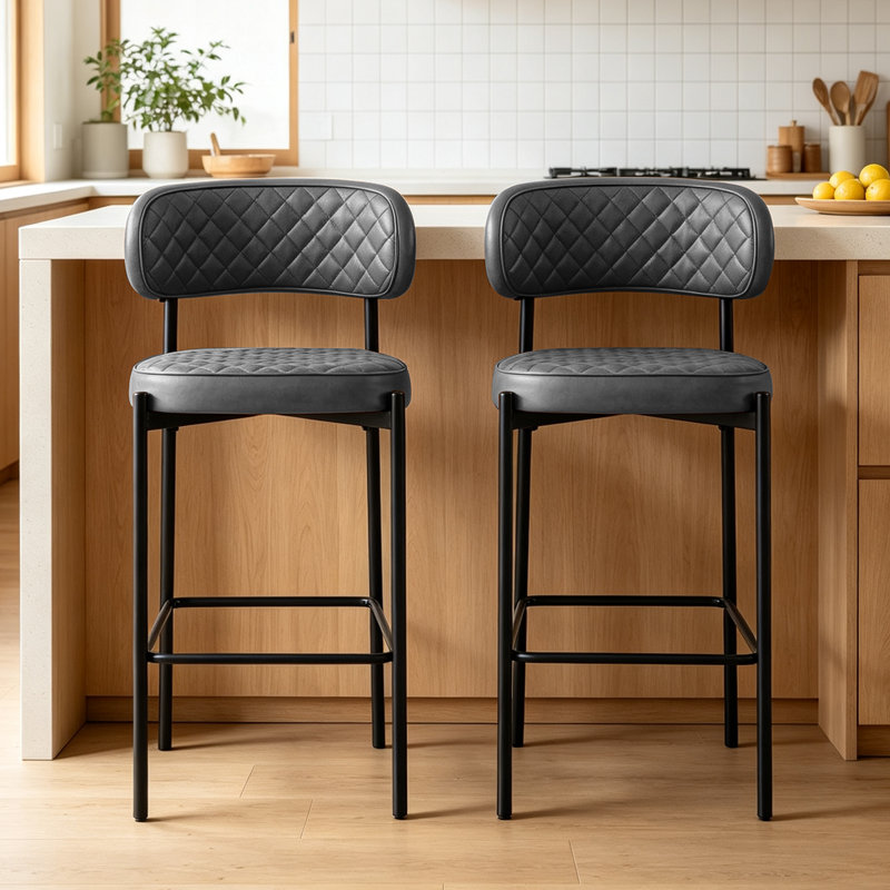 Modern Faux Leather Upholstered Waffle Tufted Bar Stool with Back (Set of 2/4), Grey, 2