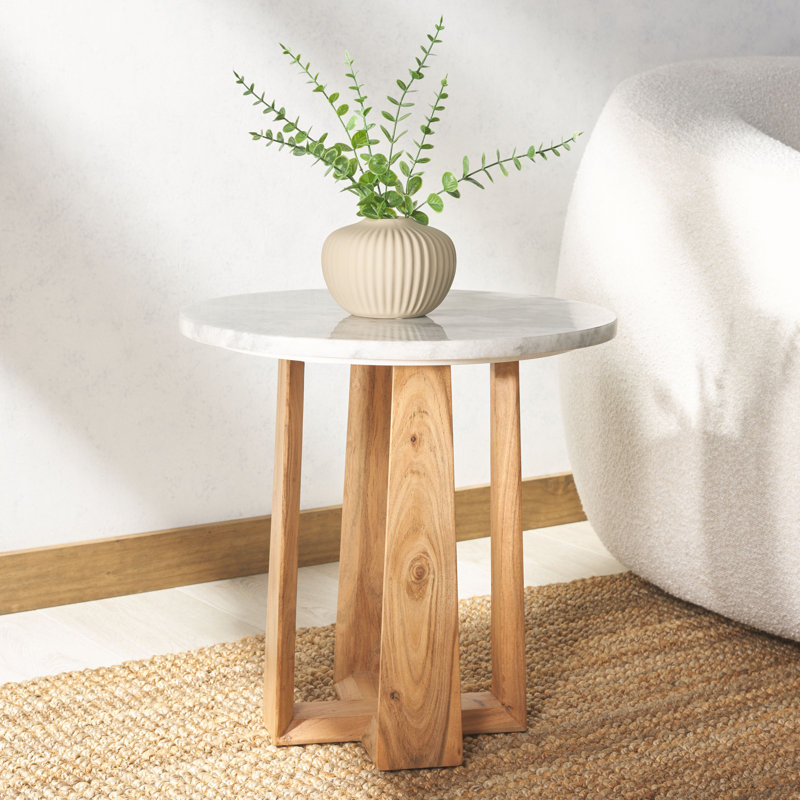 Baudelaire Marble Top End Table, White Gray Marble, Natural