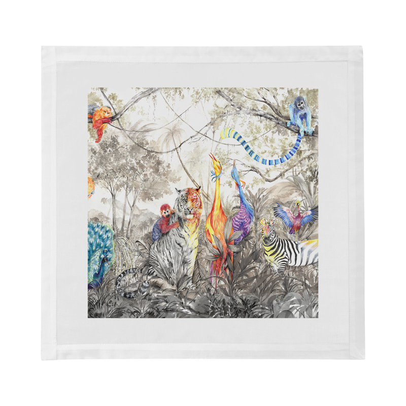 Arcadia Tiger and Zebra Scene Hemstitch 22" Linen/Cotton Napkin