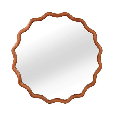 Yellowish Brown 30 inch Wavy Round Solid Wood Frame Decorative Mirror,For Bedroom, Bathroom, Living Room, Entryway