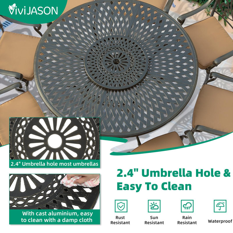 Red Barrel Studio 23.98" Cast Aluminum Lazy Susan Turntable, 360° Rotating Display Tray With Silent Bearings, Round Table Top Swivel Serving Plate With Umbrella Hole For Outdoor Dining Table, Lattice Style