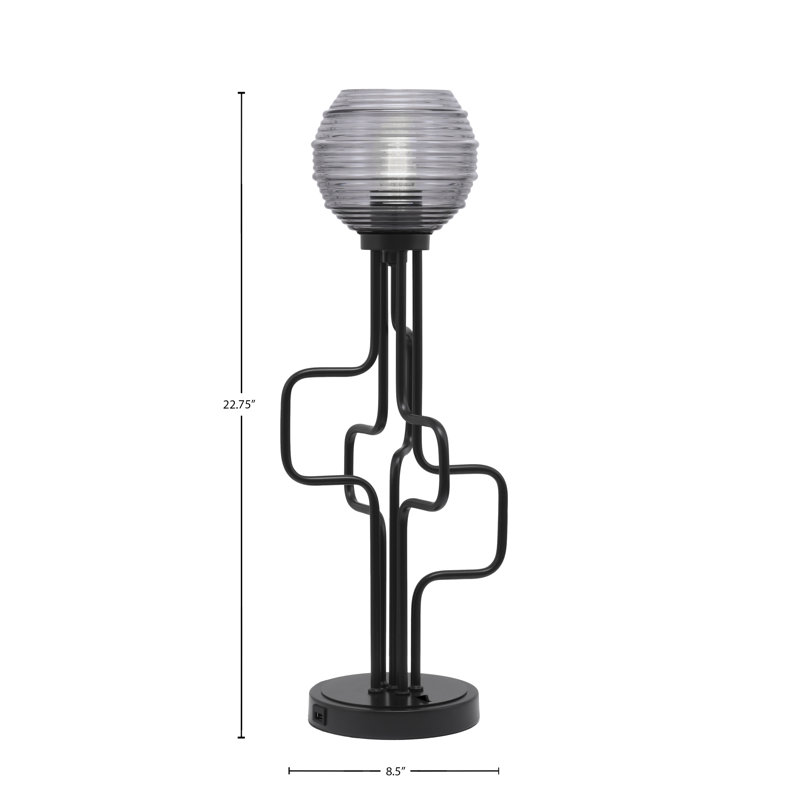 Lampe d'appoint Amarmula, avec ports USB, finition noir mat, verre strié fumée 6 po, Noir, Transparent/noir