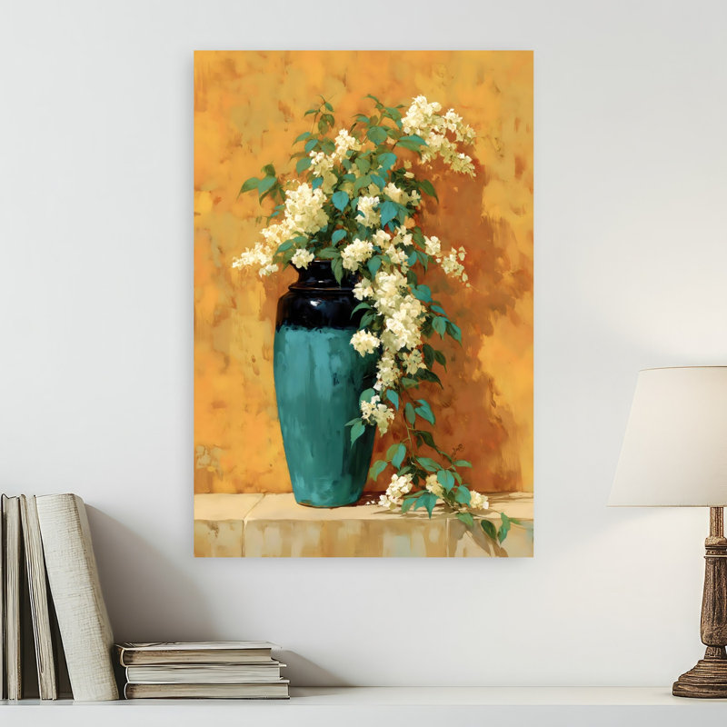 Art floral mural cascade de fleurs bleu sarcelle délicat jasmin rustique nature