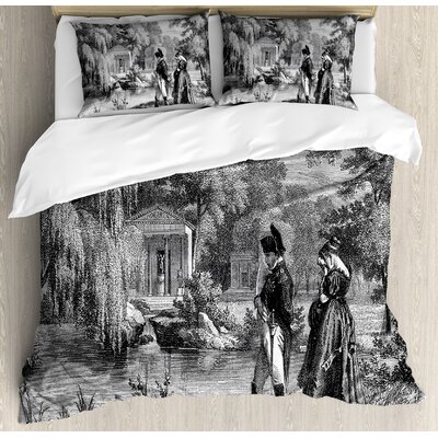 Vintage Historical French Revolution Sketch with Napoleon and Woman in Garden Artwork Duvet Cover Set -  Ambesonne, nev_32655_queen