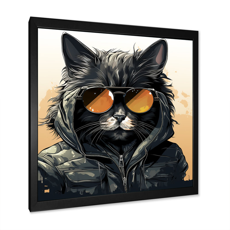 Chat noir dans des verres sur toile, Cadre simple noir, H 16 po x l 16 po x P 1 po