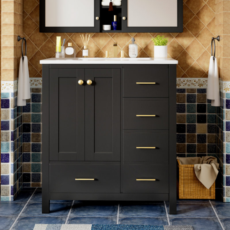 Ensemble de meuble-lavabo avec lavabo en résine 30 po, armoire de rangement en bois massif, ensemble de meuble-lavabo autoportant avec 4 tiroirs et portes à fermeture douce, noir