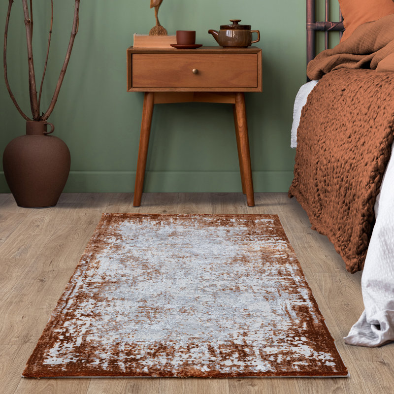 Abrienne Soft Shiny Border Orange/Grey Rug, Rectangle 80 x 150cm