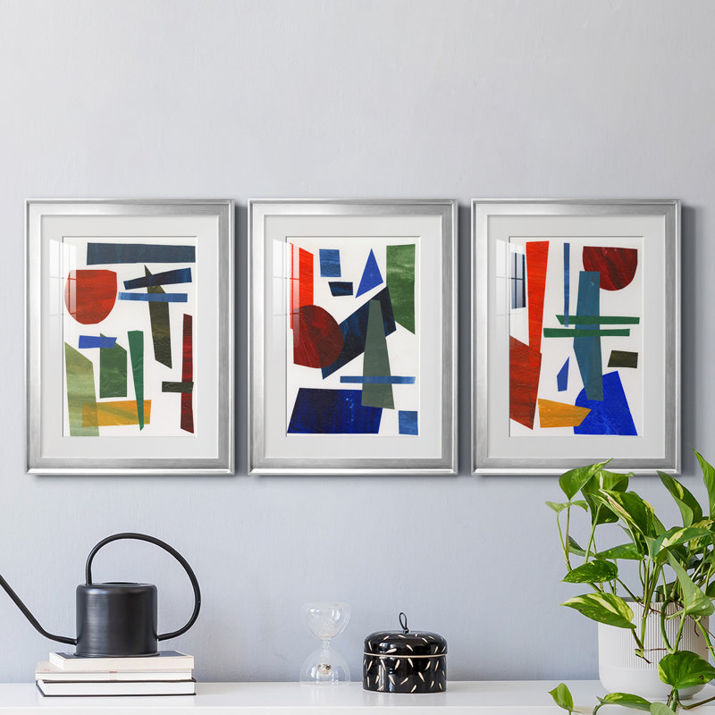 Colorful Shapes II - ensemble de 3 cadres photo, Cadre argenté, H 24,5 po x l 55,5 po x P 1 po