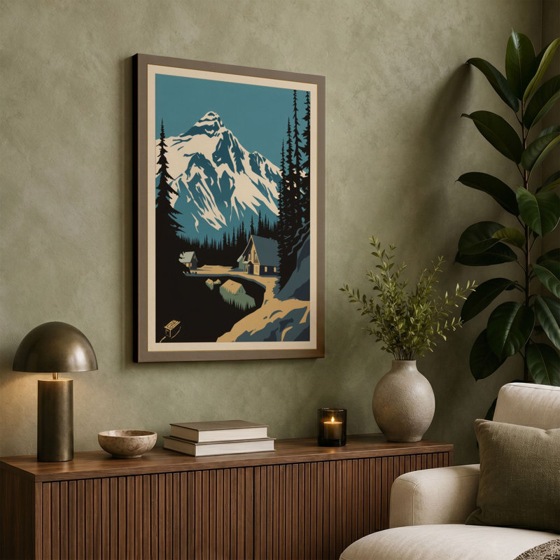 Mountain at Silence Japandi - Wrapped Canvas, 24x16 - 61.0 x 40.6 cm, Teal Border