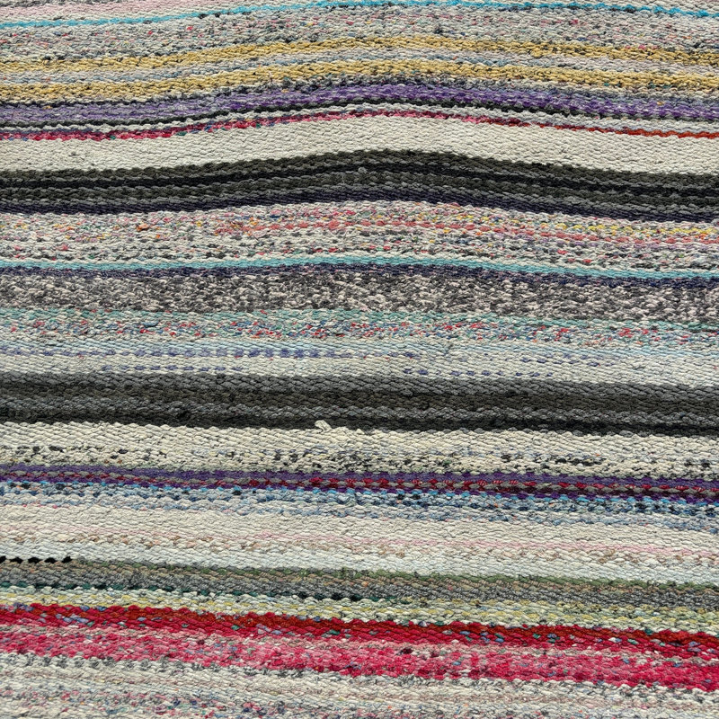 Antique Turkish Kilim Wool Rug in Vibrant Rainbow Stripes for Versatile Home Decor