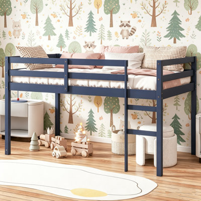 Base de lit mezzanine basse, plateforme de lit avec barrières de sécurité et échelle, lit en bois massif, aucun sommier requis, simple et double