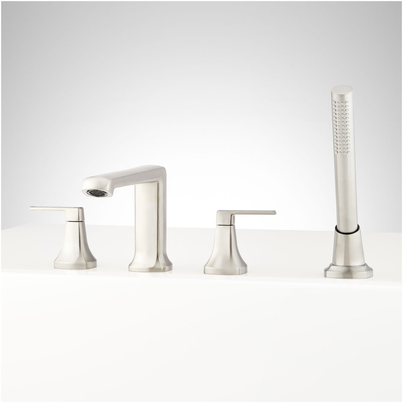 Sefina 4-Hole Roman Tub Faucet and Hand Shower with Rough-In Valve - Brushed Nickel, Brushed Nickel