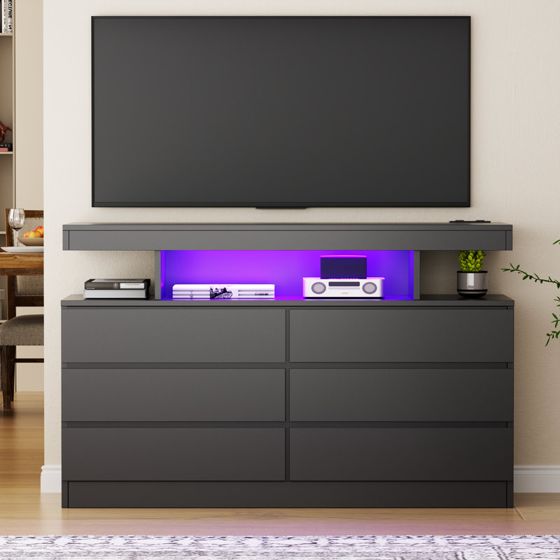 Adriel 6 Drawer 47.3" W Black Dresser With Power Outlet And Led Light, Black