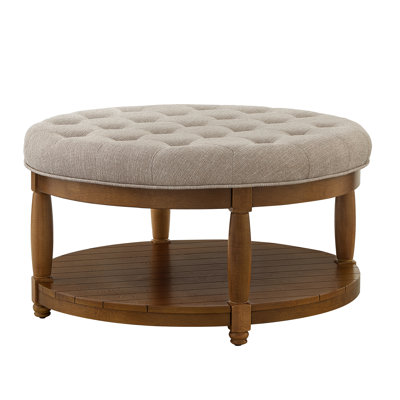 Large Linen Coffee Table, Wooden Frame, Open Storage Design Round Upholstered Footrest, 18 - Inch Seat Level, 300 Pound Support
