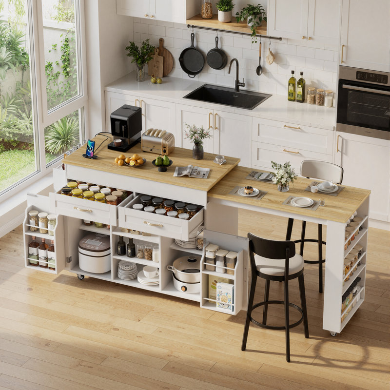 Extendable Kitchen Island With Power Outlet, Rolling Mobile Kitchen Cart With Storage | Includes Drawers, Cabinet, Spice Rack, Towel Rack, Locking Casters