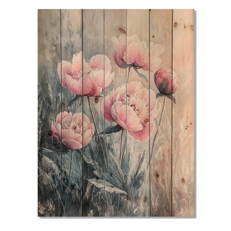 Frosty champ pivoines élégance I - art mural en bois pivoines - sur bois de pin naturel, H 20 po x l 10 po x P 0,78 po