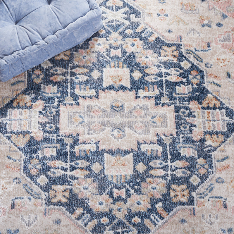 Hulme Oriental Area Rug in Beige/Navy, Square 6'7"