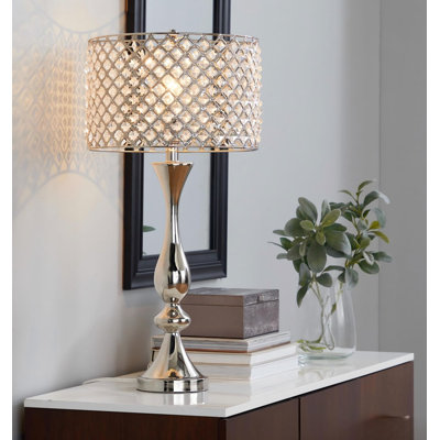Lampe de table contemporaine 27 po, nickel poli avec cristal K9 transparent et abat-jour en métal