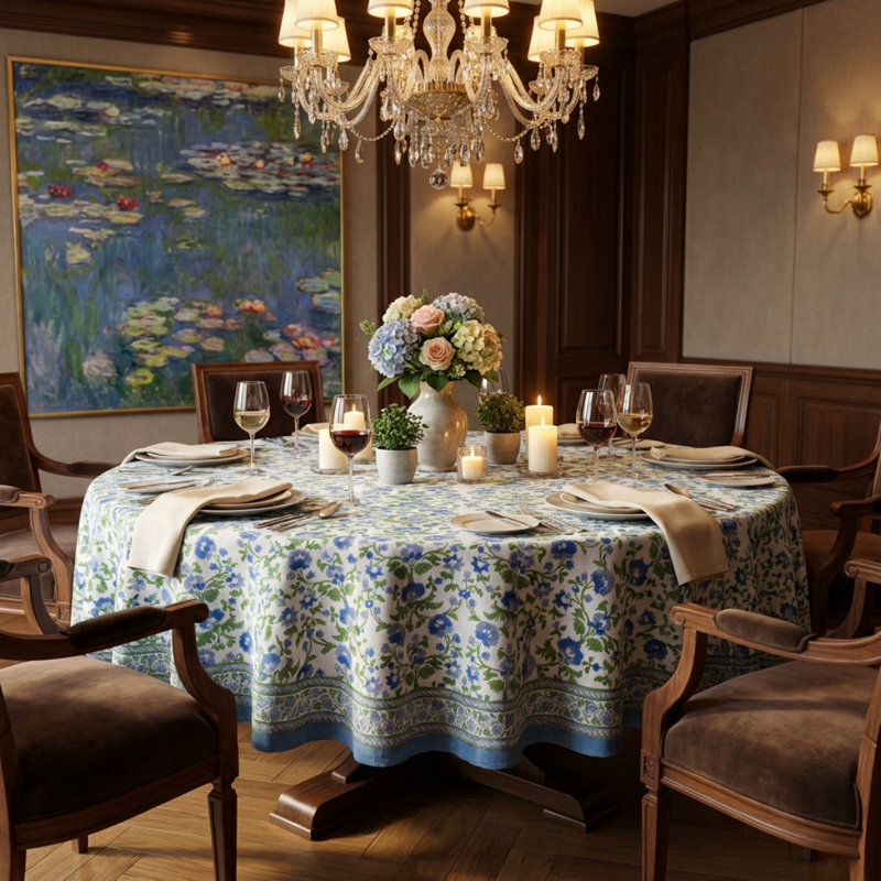 Cobalt Garden Floral Round Tablecloth, 70" Round