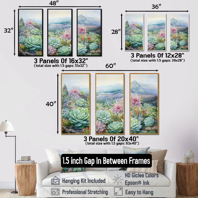 «Green Succulent Desert Charm» - ensemble de salon d'art mural, Cadre flottant noir, H 32 po x l 48 po x P 1 po
