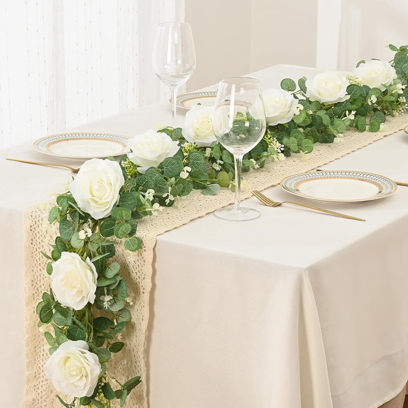 4 guirlandes d'eucalyptus artificiel avec fleurs - 26 roses, fausses fleurs et vignes