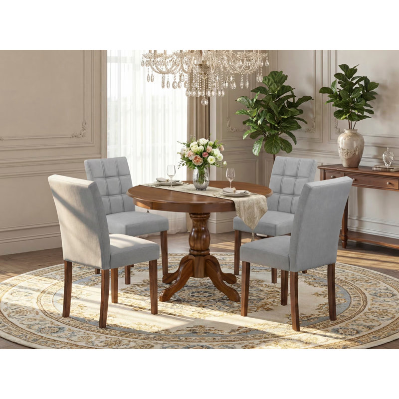 L'ensemble de table de salle à manger 5 pièces contient une table de salle à manger moderne Mid-Century et 4 chaises rembourrées en tissu de polyester gris clair, noyer antique