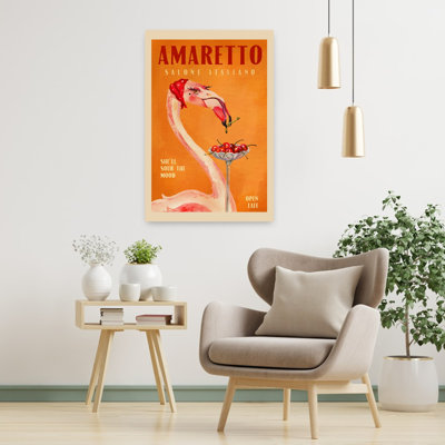 Flamingo Lounge Night Elegant Playful Retro Bird Cherry Flamingo Fruit Summer Wall Art Print 1 Piece Wrapped Canvas Wall Art