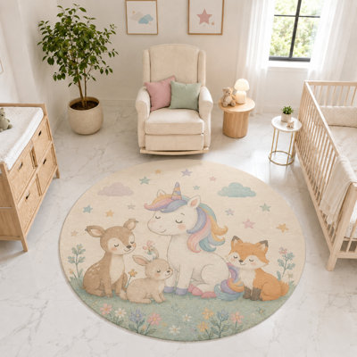 Tapis rond « Ultra Fin » 183 x 183 cm Licorne et Amis de la Forêt, tapis d'intérieur doux à poils courts avec envers antidérapant en silicone pour chambre d'enfant, chambre à coucher et salle de jeux
