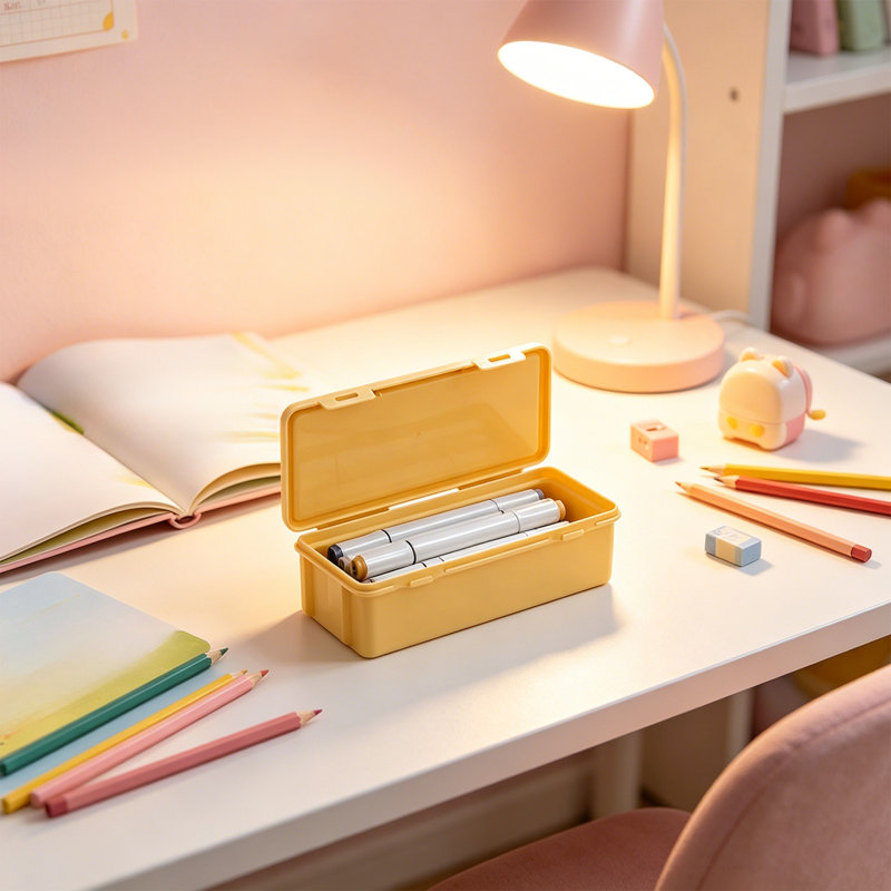 Panier de rangement en plastique couleur macaron, boîte de rangement avec couvercle, grande capacité, organisateur de bureau portatif, porte-crayons pour stylos, crayons et petites fournitures de bureau