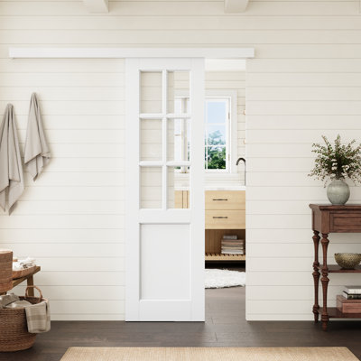 Porte standard à âme en bois massif préfinie, 6 carreaux de verre clair, 24 po x 80 po, avec ensemble de quincaillerie pour rail caché