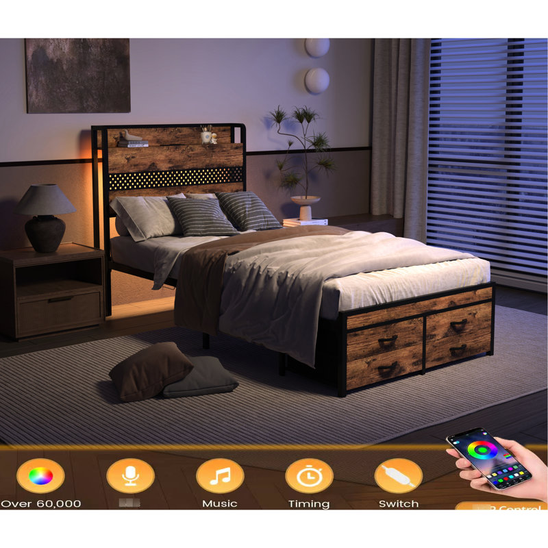Lit simple en métal noir avec tiroirs et structure stable - Maximisez le rangement de votre chambre à coucher, la plateforme de tête de lit sans sommier, les câbles sont faciles à gérer, la charge pratique,