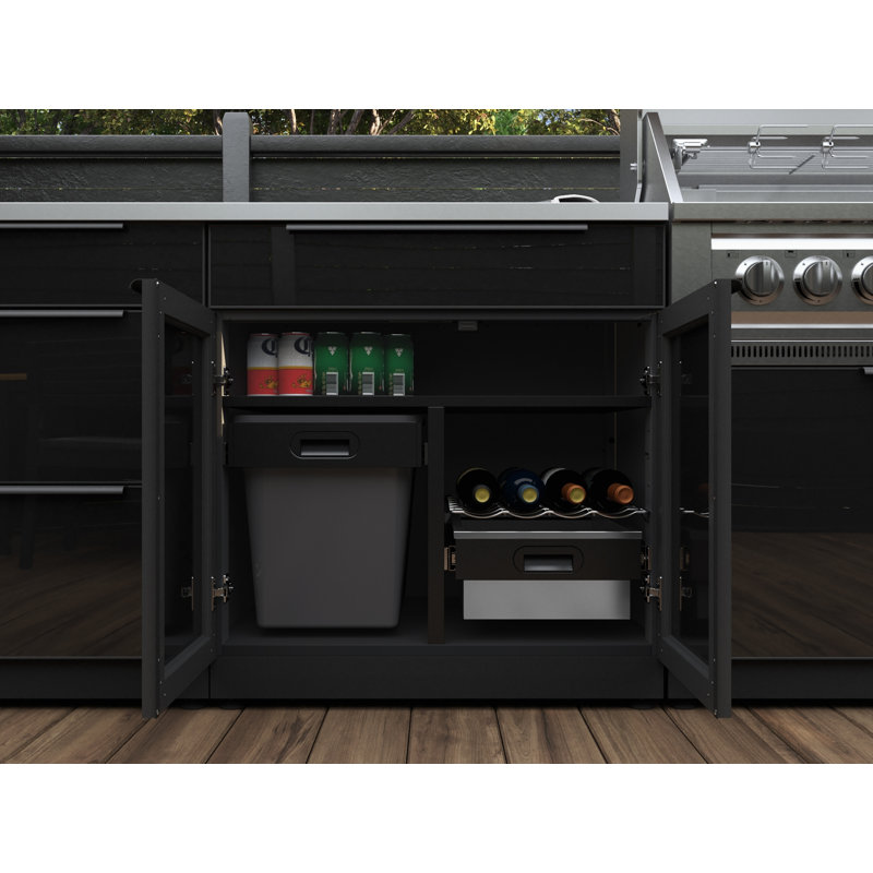 Outdoor Kitchen Aluminum 6 Piece Cabinet Set With 40 In. Liquid Propane Gas Performance Grill And Glass Door Fridge, Black