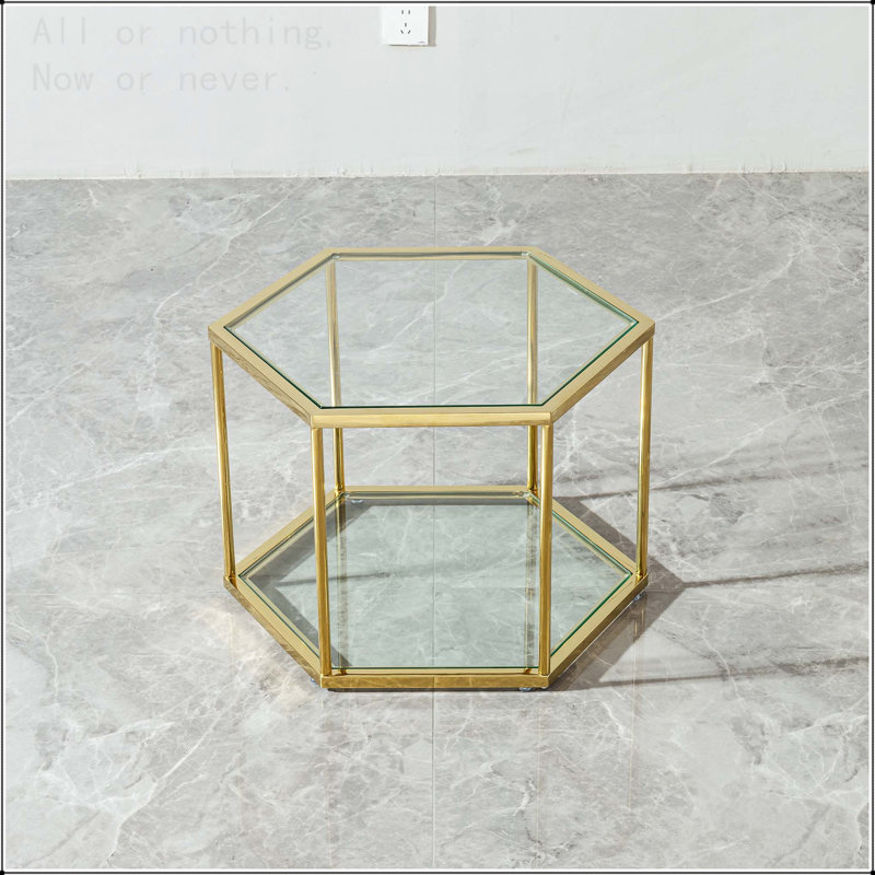 Table d'appoint hexagonale de luxe avec verre trempé et cadre doré