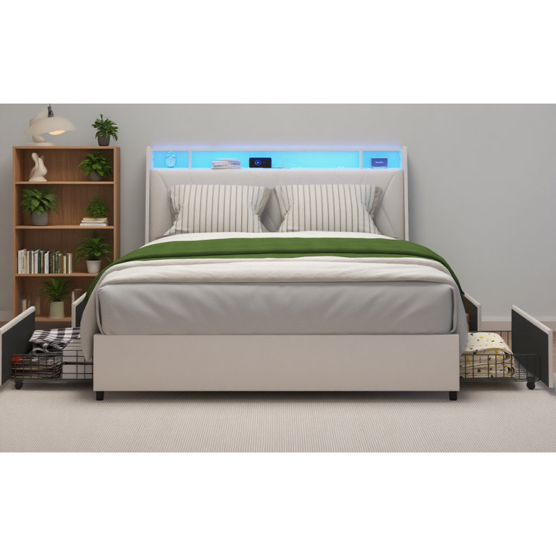 Lit plateforme avec prises et chargeur et lumière DEL, cadre de lit en métal avec tête de lit ergonomique et tablette de rangement, silencieux, aucun sommier tapissier requis