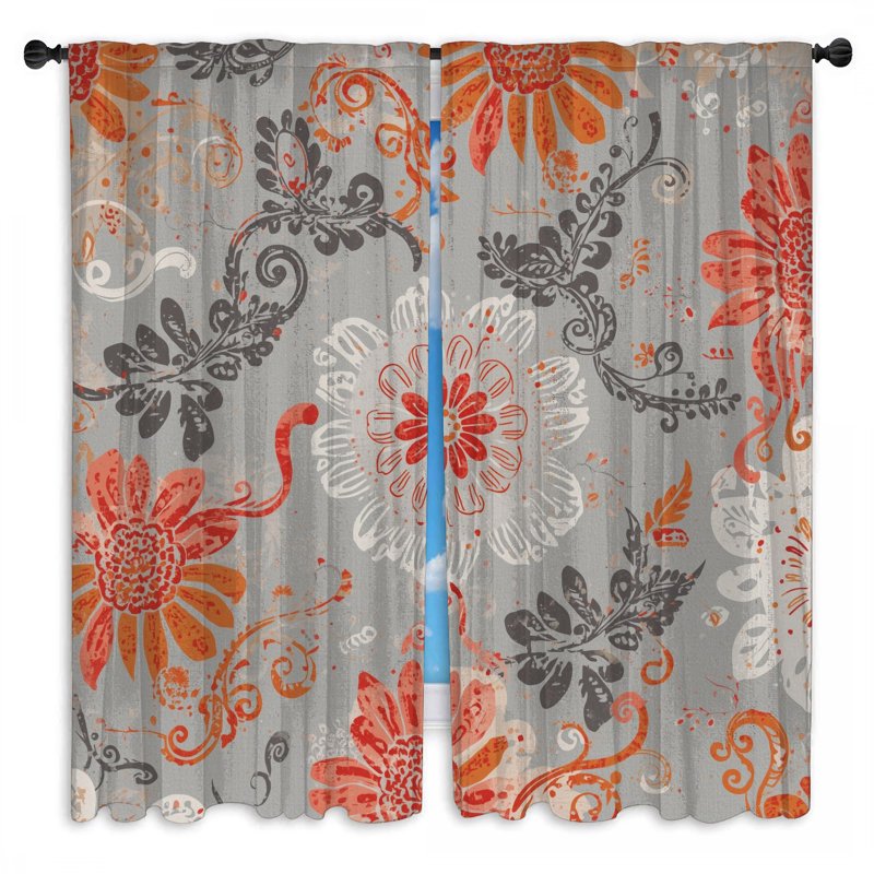 Gray Floral Pattern Window Curtains Floral Sheer & Room Darkening - 2 Panels, 20in x 50in - 2 panels, Sheer
