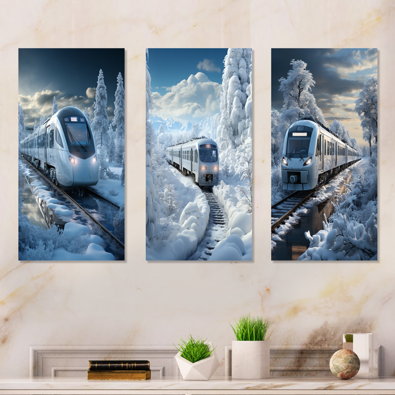 «Christmas Snow Train Journey I - Transport train», ensemble de 3 reproductions d'art sur toile, Toile tendue