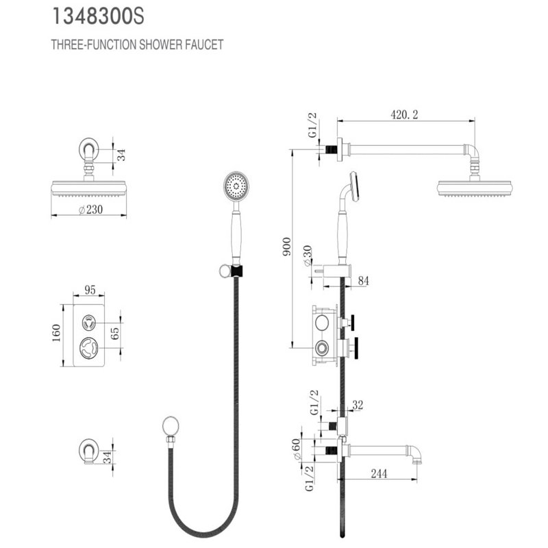Système de douche complet à 3 fonctions avec valve brute