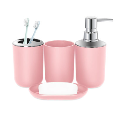 Pink Bathroom Accessories Set 4 PCS, Pink Bathroom Accessories, Plastic Soap Dispenser And Toothbrush Holder Set, Soap Dish And Mouthwash Cup, Boho Bathroom Decor, Bathroom Set