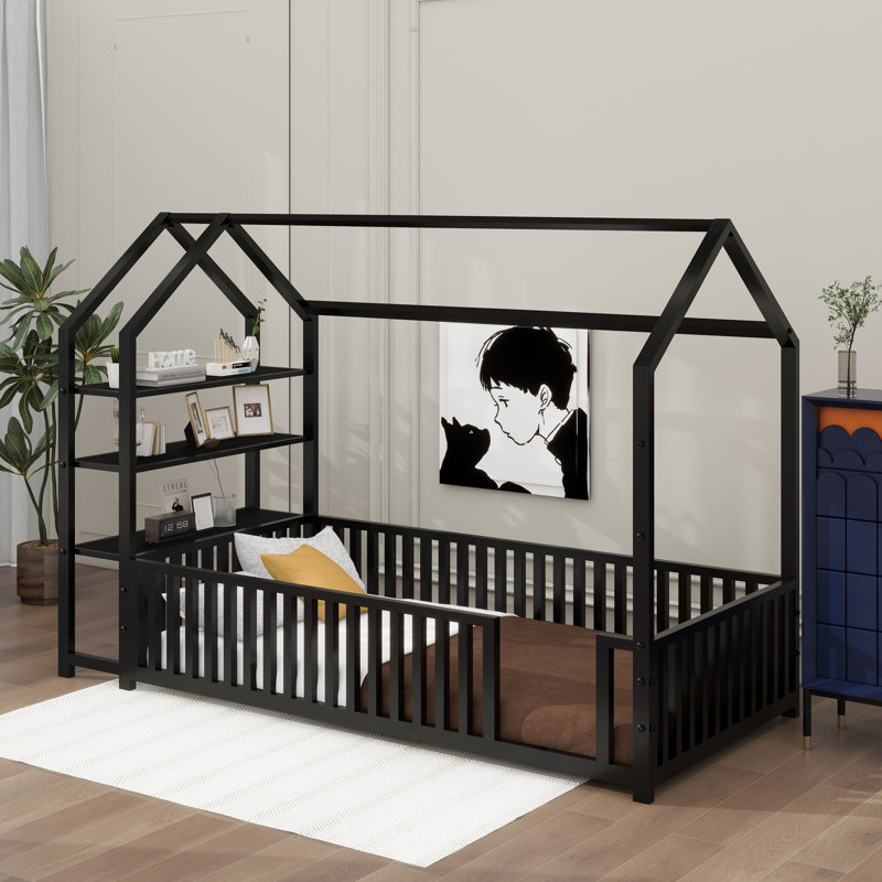 Metal House Bed With Detachable Shelves, Twin