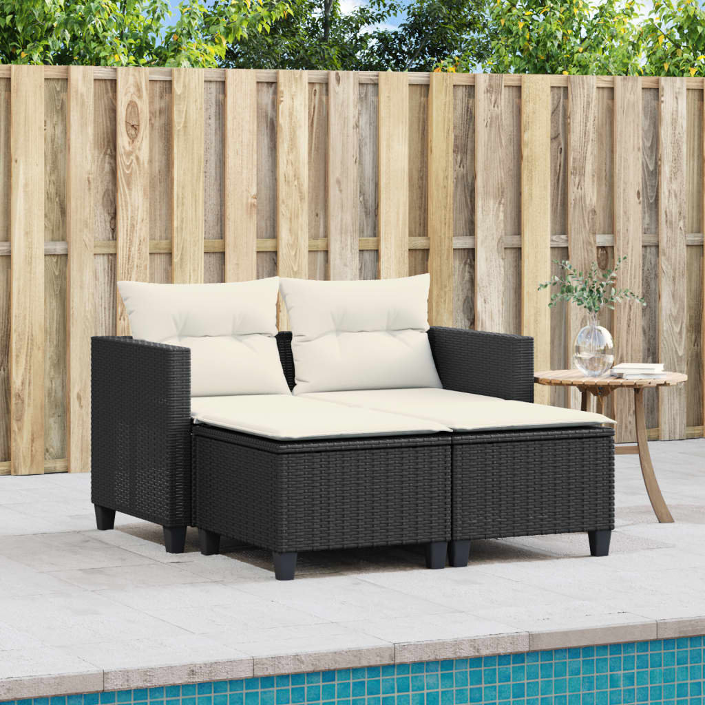 Vidaxl Gartensofa 2-Sitzer Mit Hockern Schwarz Polyrattan